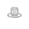 Emerald-cut diamond engagement ring with a prong-set diamond band and halo setting.