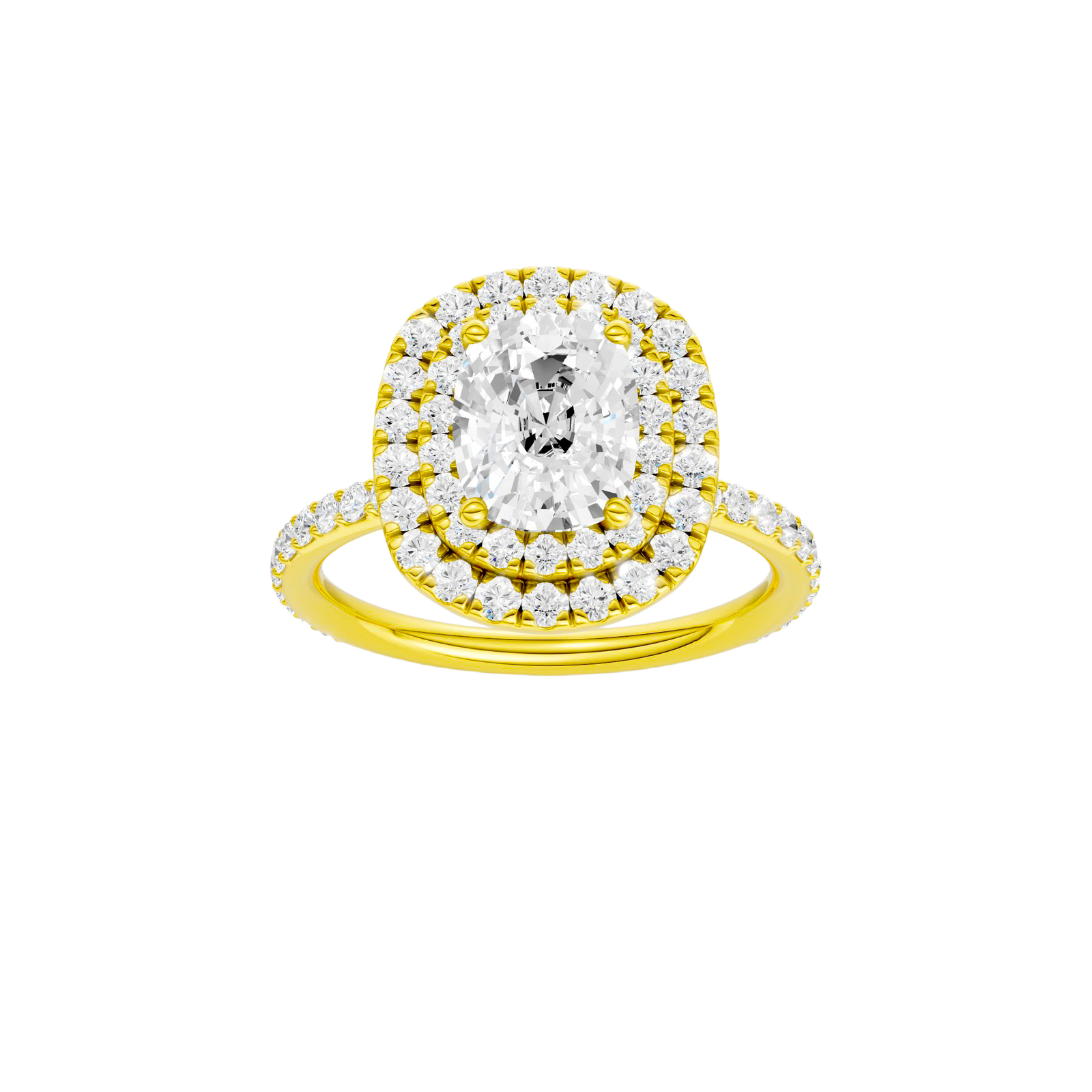 Elongated cushion-cut diamond engagement ring with a prong-set diamond band and double-halo setting.