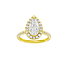 Pear-cut diamond engagement ring with a pavé-set diamond band and halo setting.