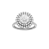 Round-cut diamond engagement ring with a pavé-set diamond band and double-halo setting.