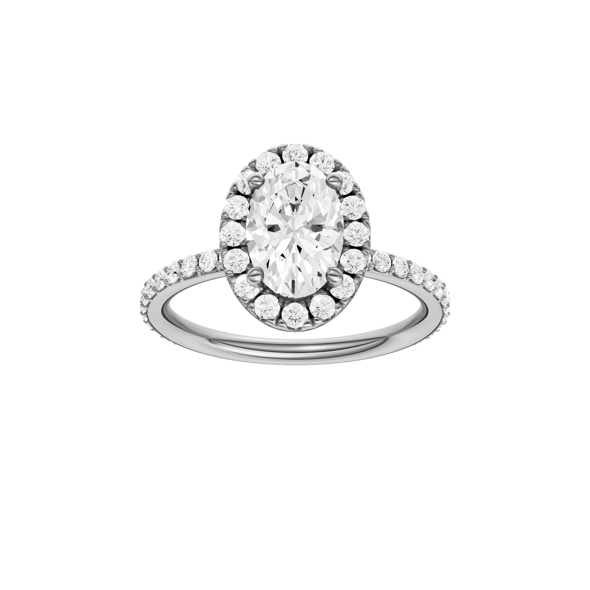 Oval-cut diamond engagement ring with a prong-set diamond band and halo setting.