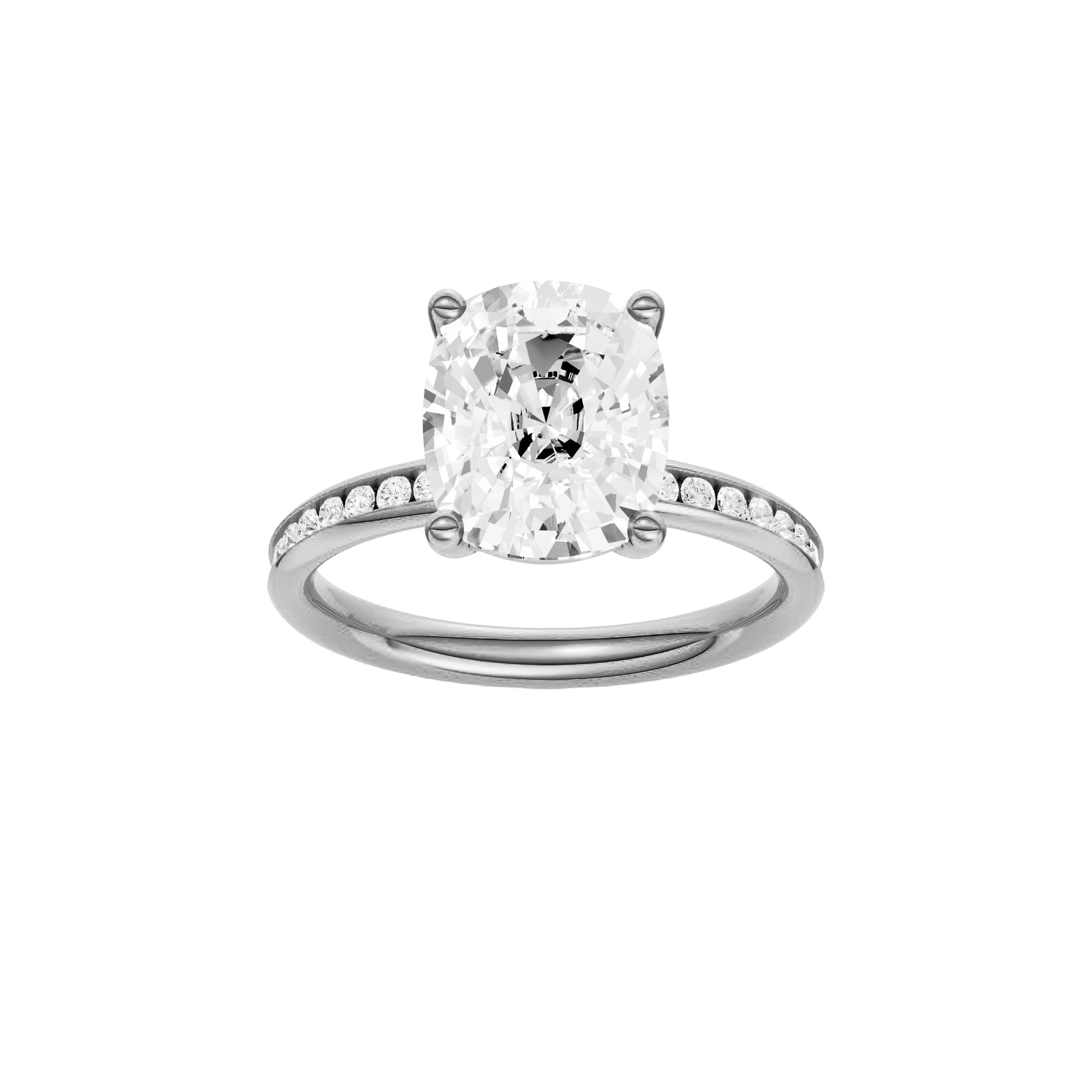 Elongated cushion-cut diamond engagement ring with a channel-set diamond band and solitaire setting.