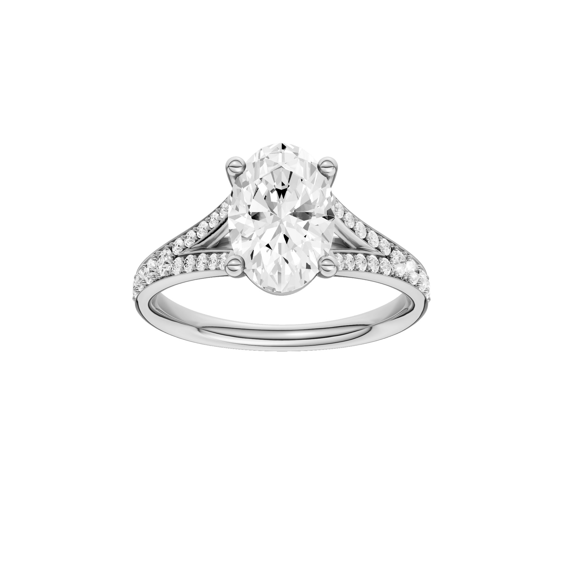 Oval-cut diamond engagement ring with a channel-set diamond band and solitaire setting.