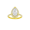 Pear-cut diamond engagement ring with a pavé-set diamond band and halo setting.