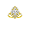 Marquise-cut diamond engagement ring with a prong-set diamond band and double-halo setting.
