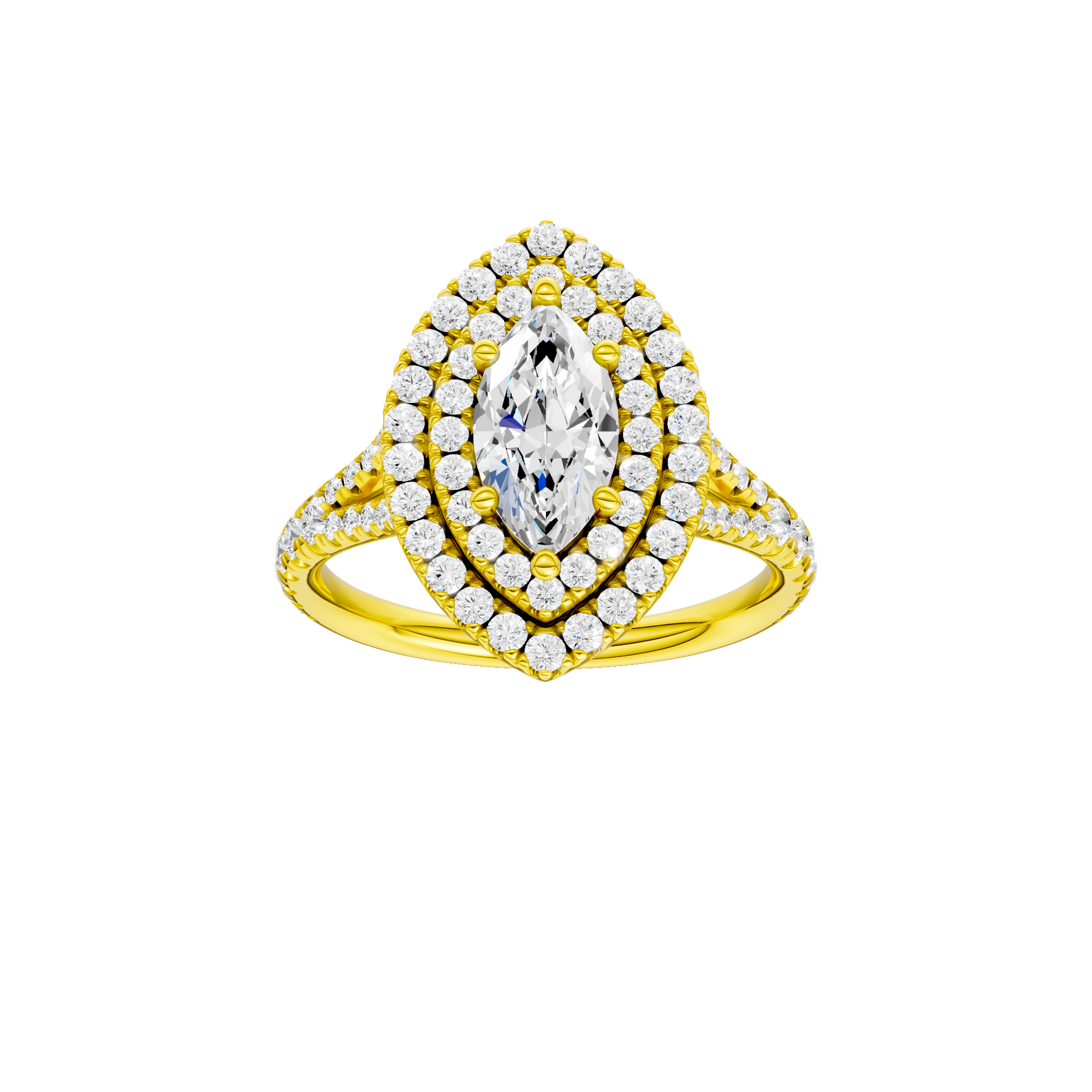 Marquise-cut diamond engagement ring with a prong-set diamond band and double-halo setting.