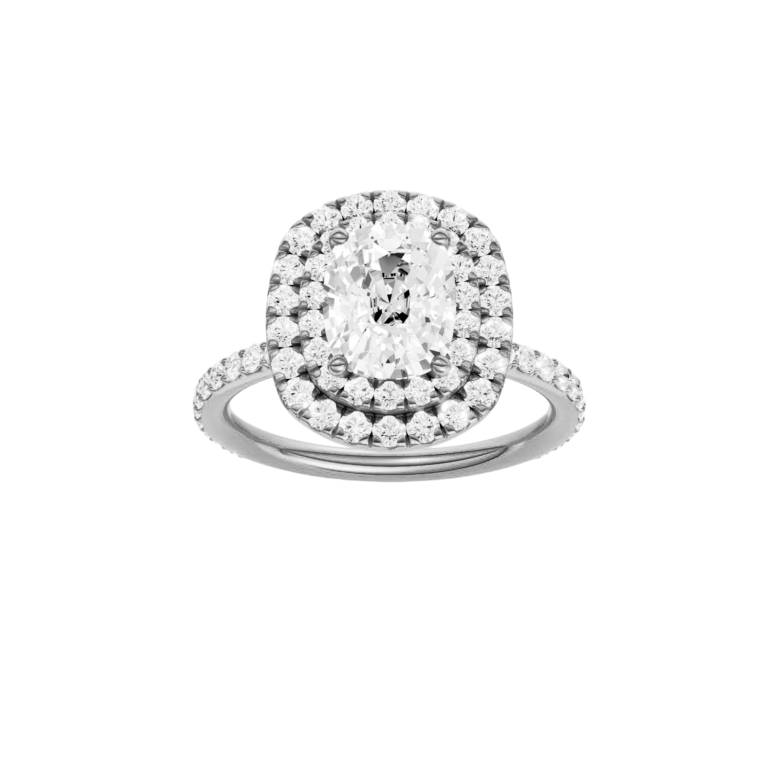 Elongated cushion-cut diamond engagement ring with a prong-set diamond band and double-halo setting.