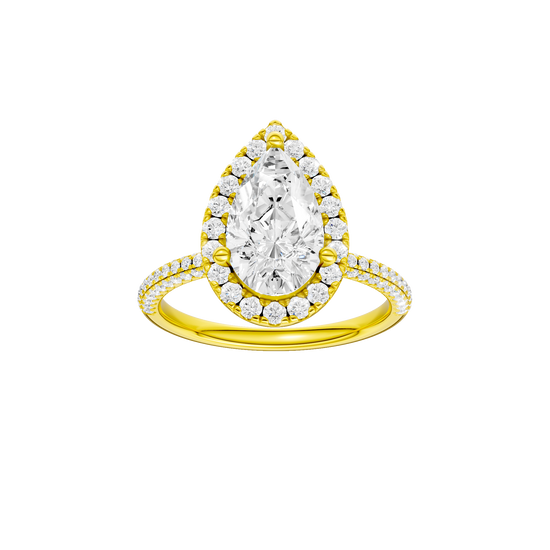 Pear-cut diamond engagement ring with a pavé-set diamond band and halo setting.