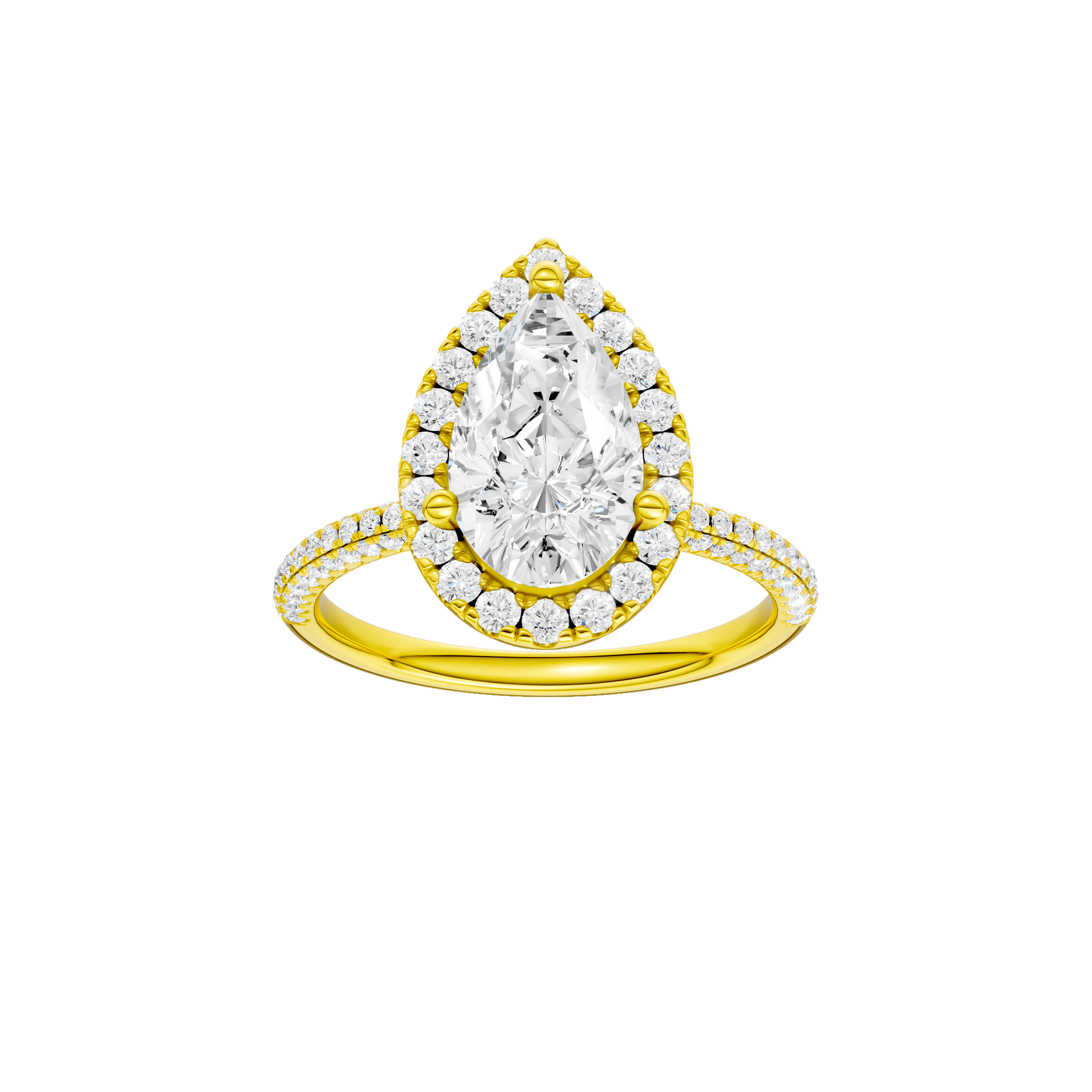 Pear-cut diamond engagement ring with a pavé-set diamond band and halo setting.