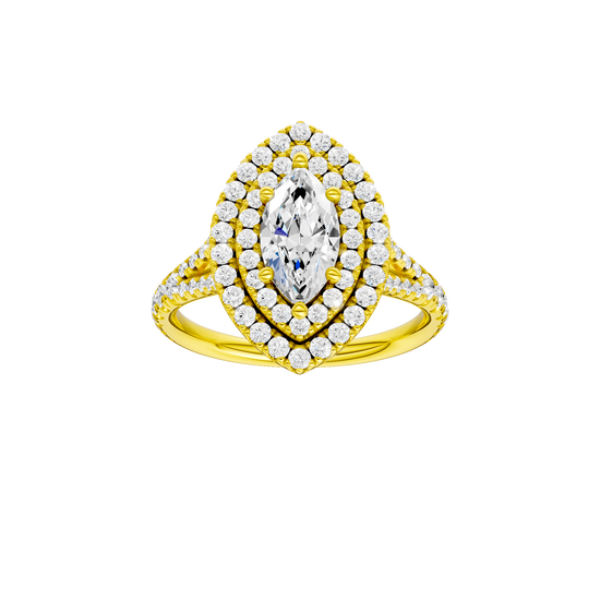 Marquise-cut diamond engagement ring with a prong-set diamond band and double-halo setting.