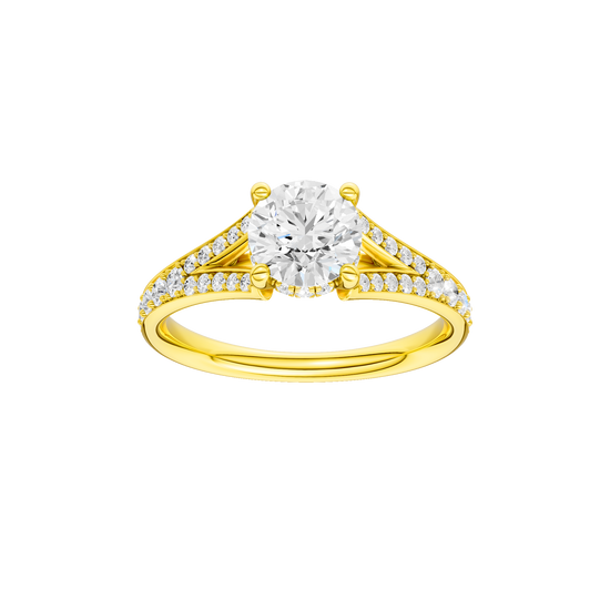 Round-cut diamond engagement ring with a channel-set diamond band and hidden-halo setting.