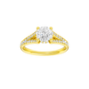 Round-cut diamond engagement ring with a channel-set diamond band and hidden-halo setting.