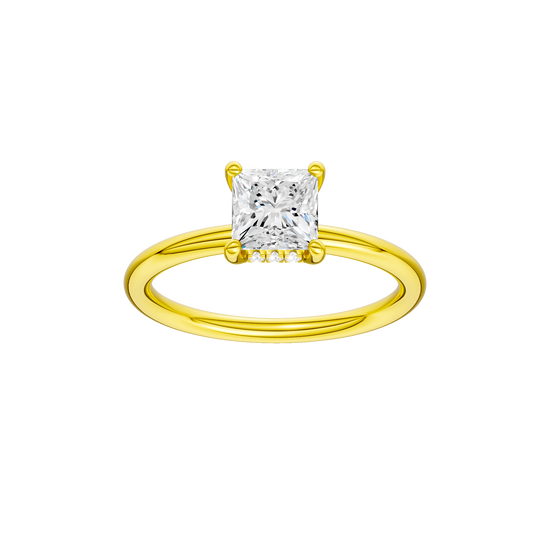 Princess-cut diamond engagement ring with a plain band and hidden-halo setting.