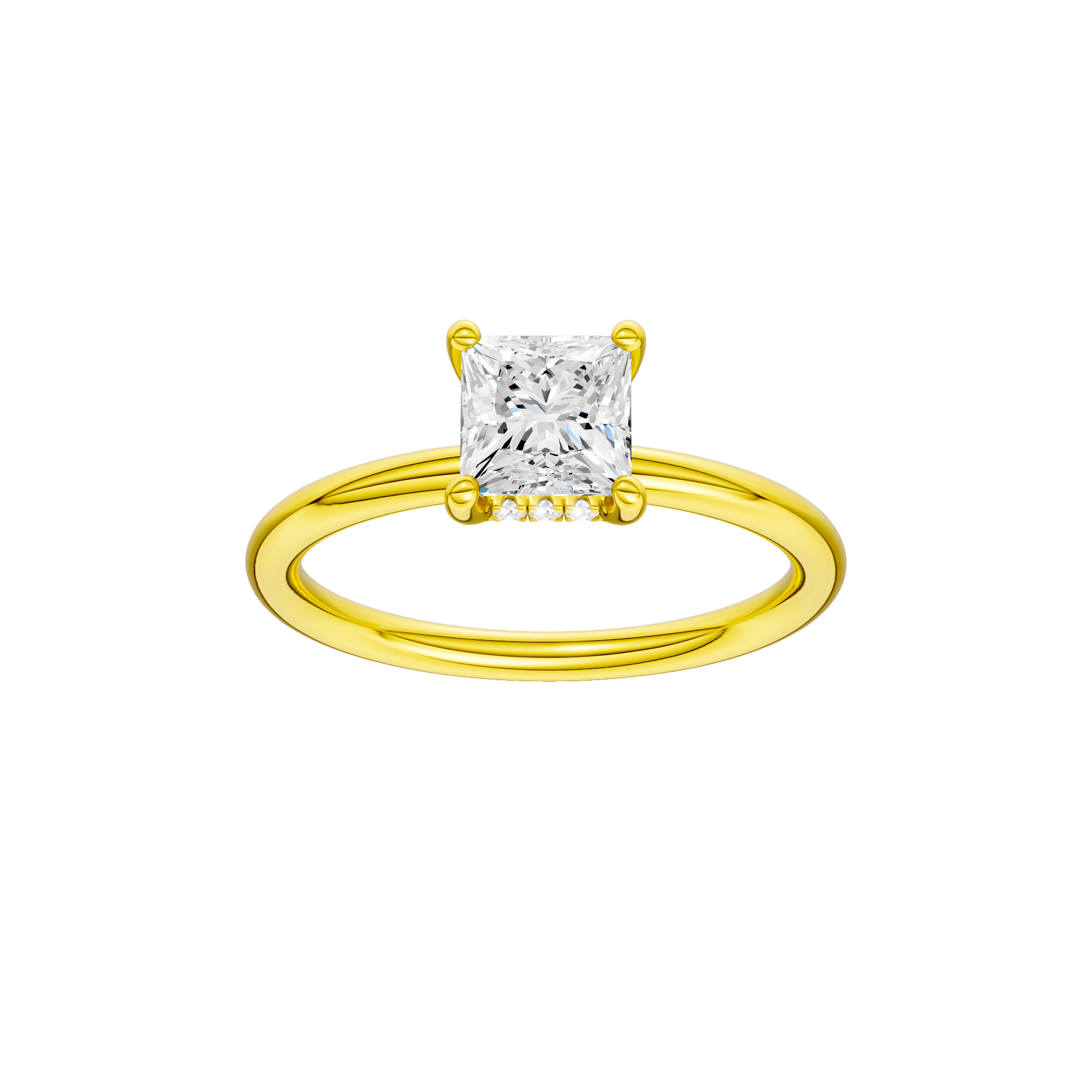Princess-cut diamond engagement ring with a plain band and hidden-halo setting.