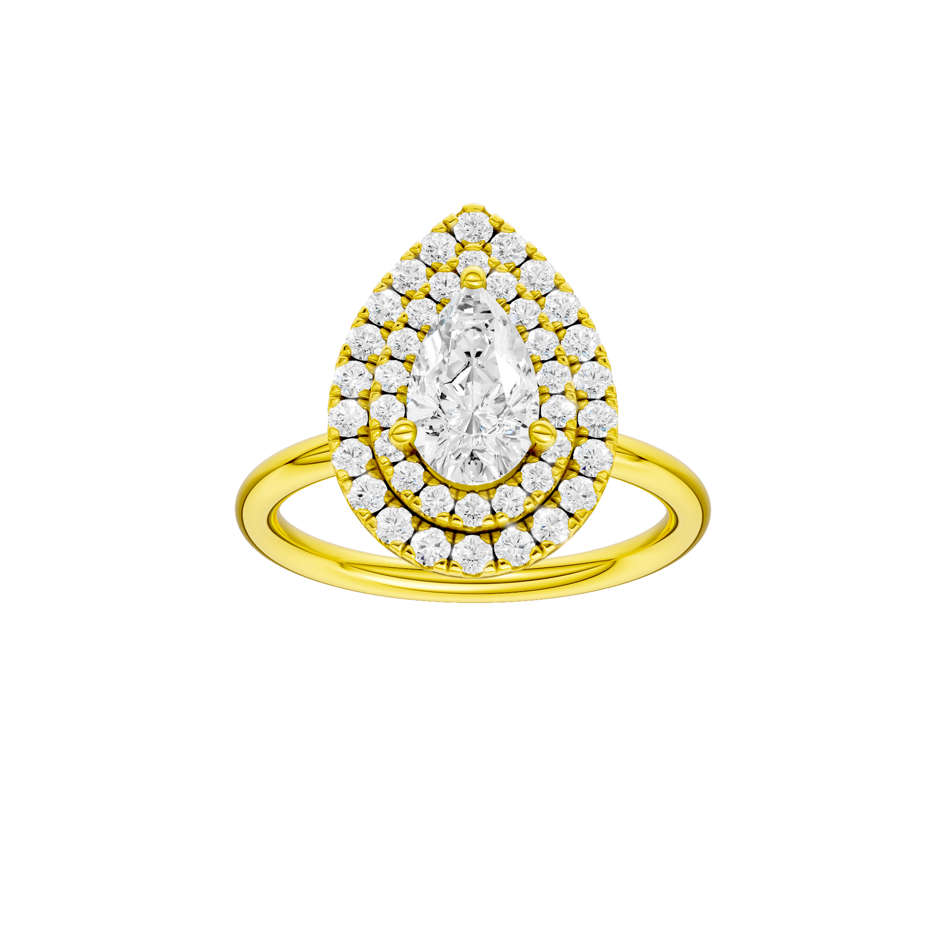 Pear-cut diamond engagement ring with a plain band and double-halo setting.