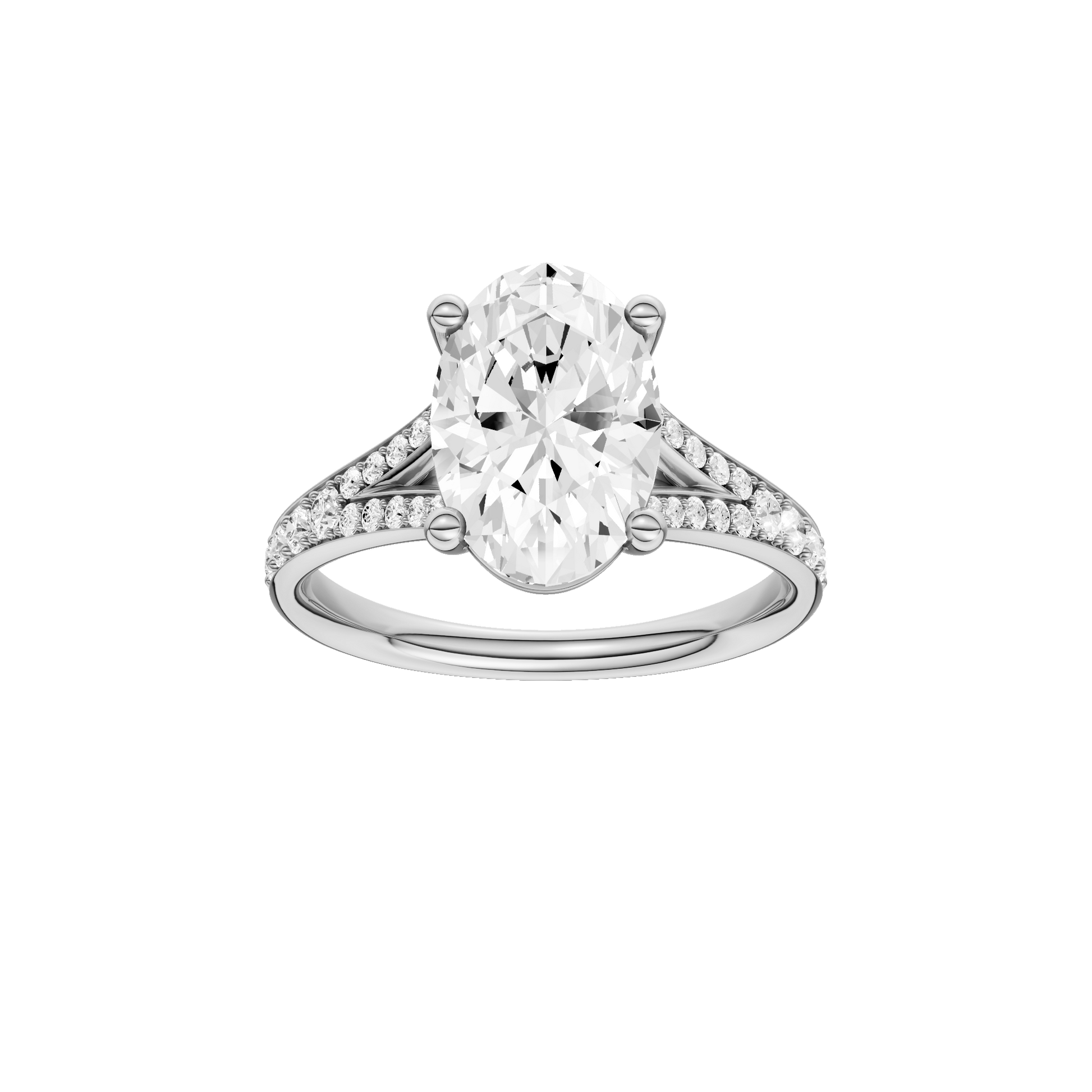 Oval-cut diamond engagement ring with a channel-set diamond band and solitaire setting.