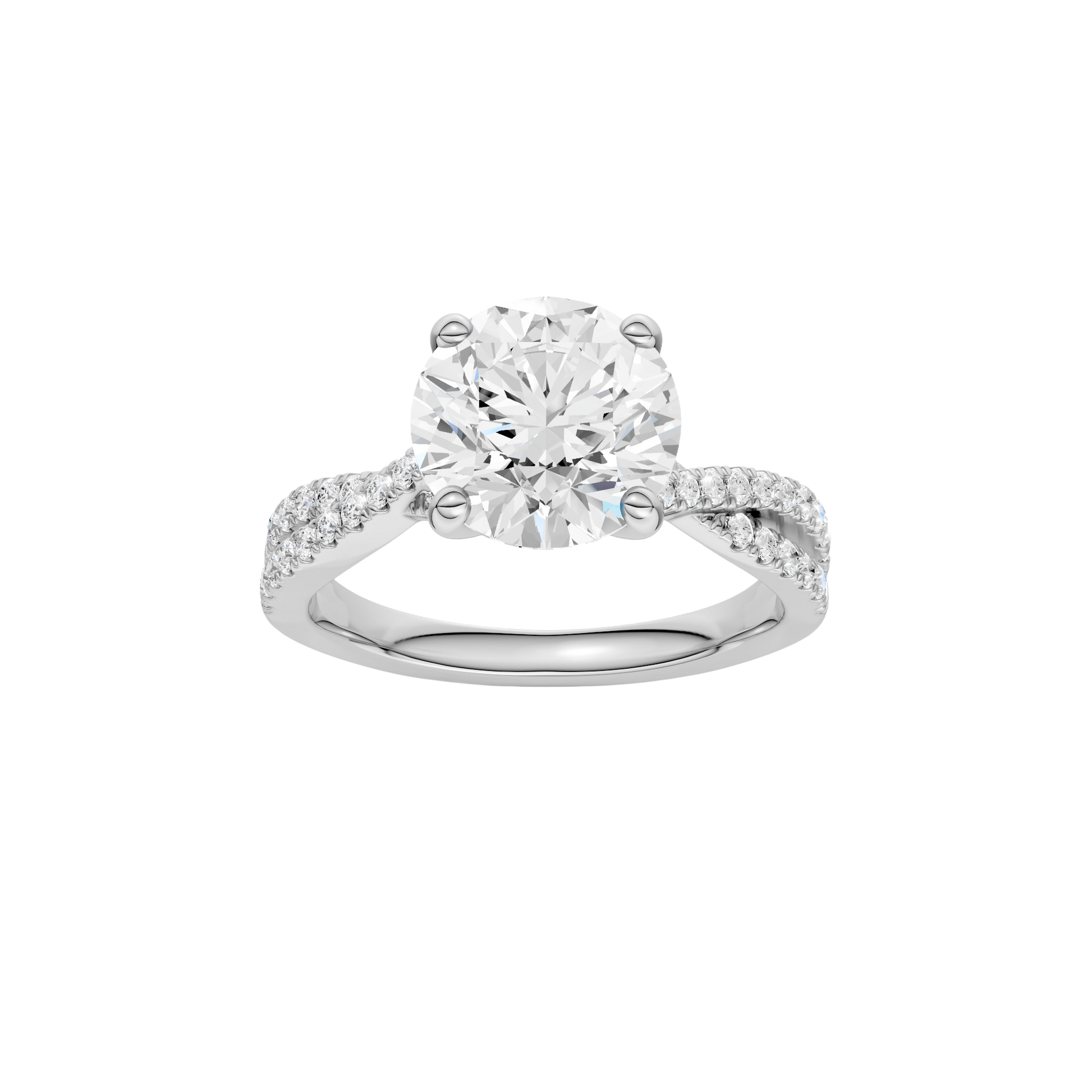 Round-cut diamond engagement ring in 14k white gold with a prong-set diamond band and twist setting