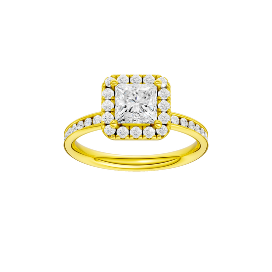 Princess-cut diamond engagement ring with a channel-set diamond band and halo setting.
