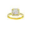 Princess-cut diamond engagement ring with a channel-set diamond band and halo setting.