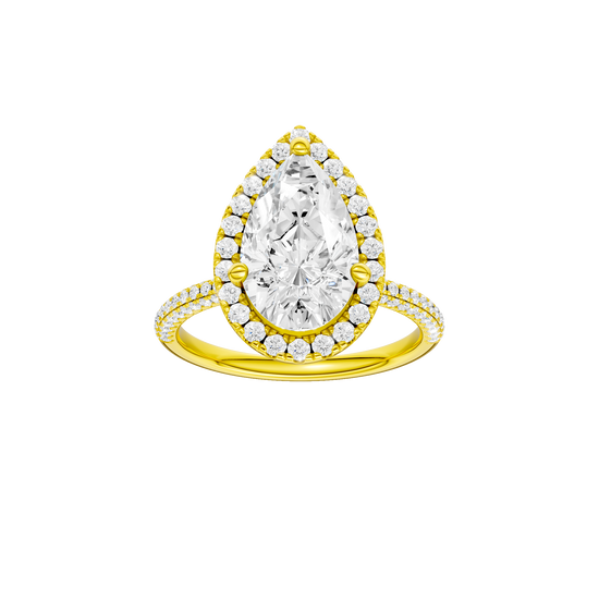 Pear-cut diamond engagement ring with a pavé-set diamond band and halo setting.