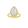 Pear-cut diamond engagement ring with a pavé-set diamond band and halo setting.
