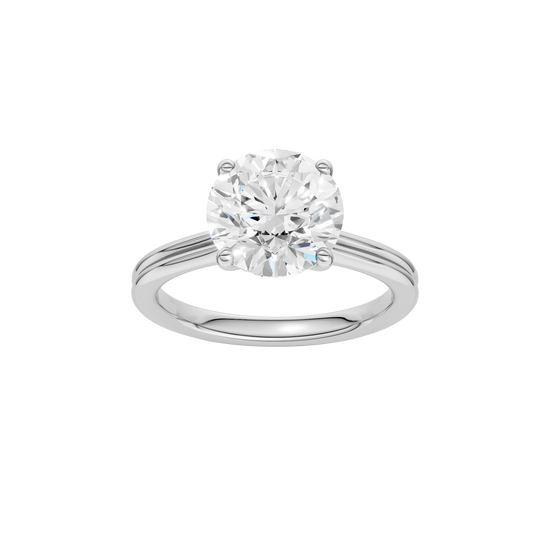 Round-cut diamond engagement ring with a plain band and solitaire setting.