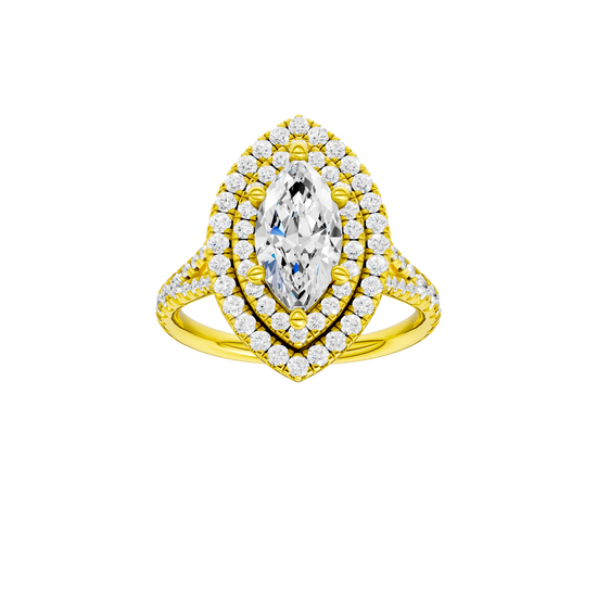 Marquise-cut diamond engagement ring with a prong-set diamond band and double-halo setting.