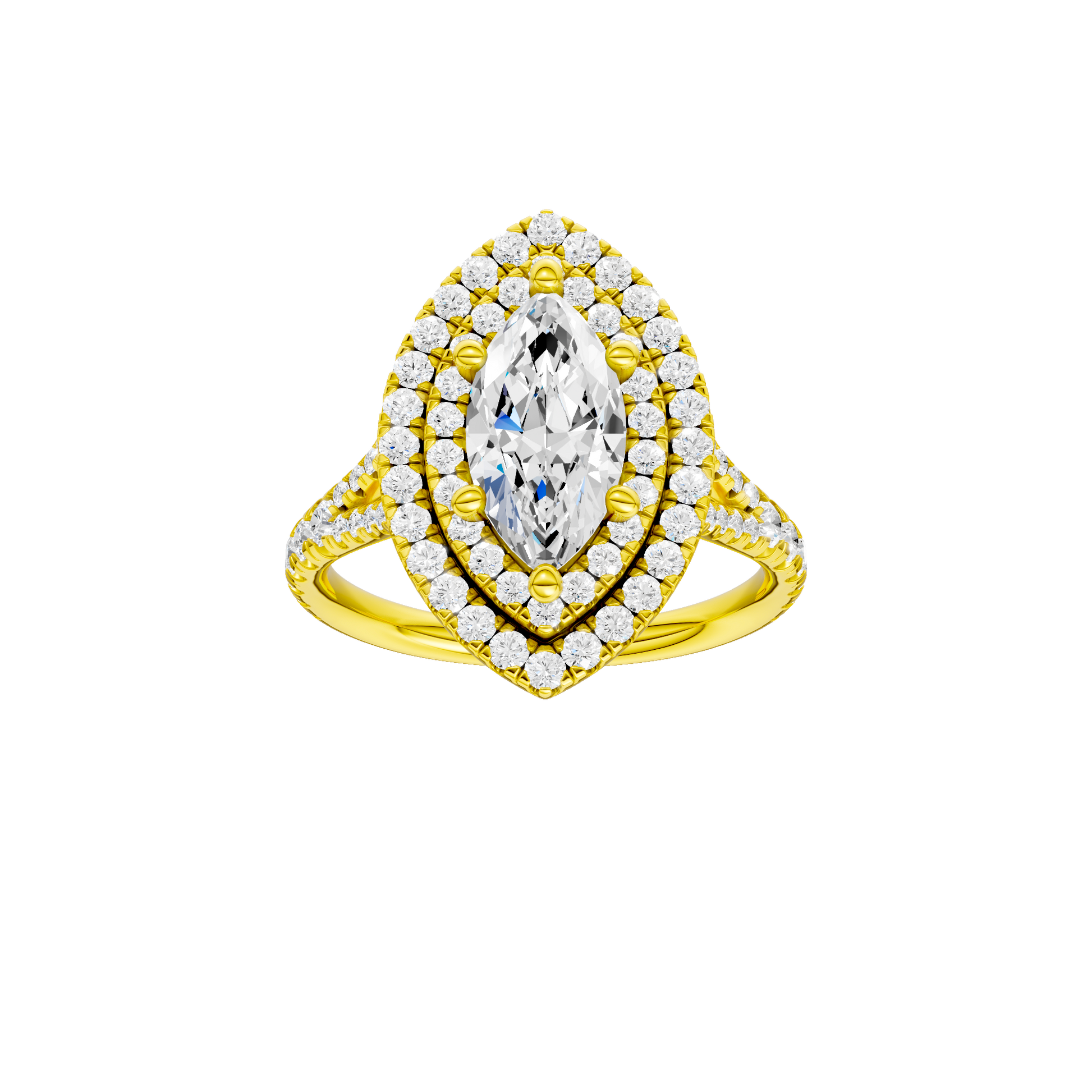 Marquise-cut diamond engagement ring with a prong-set diamond band and double-halo setting.