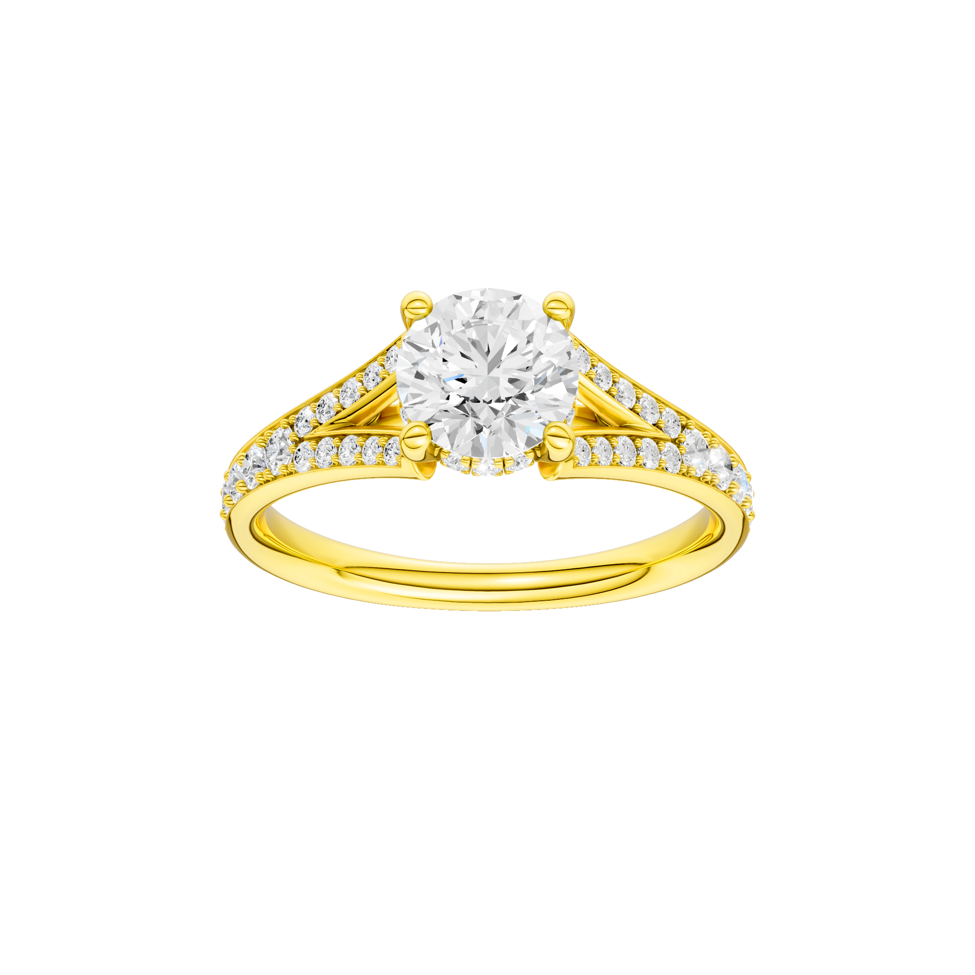 Round-cut diamond engagement ring with a channel-set diamond band and hidden-halo setting.