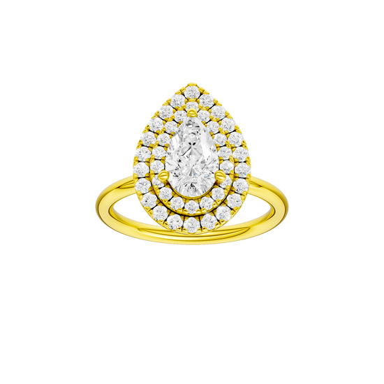 Pear-cut diamond engagement ring with a plain band and double-halo setting.