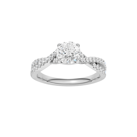 Round-cut diamond engagement ring in 14k white gold with a prong-set diamond band and twist setting
