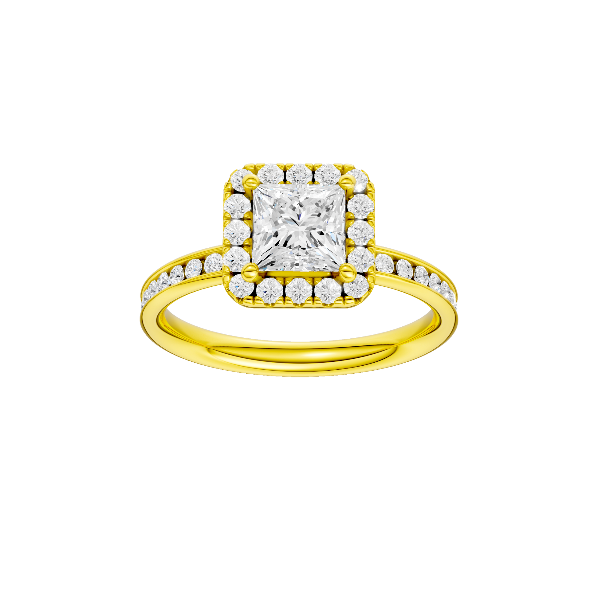 Princess-cut diamond engagement ring with a channel-set diamond band and halo setting.