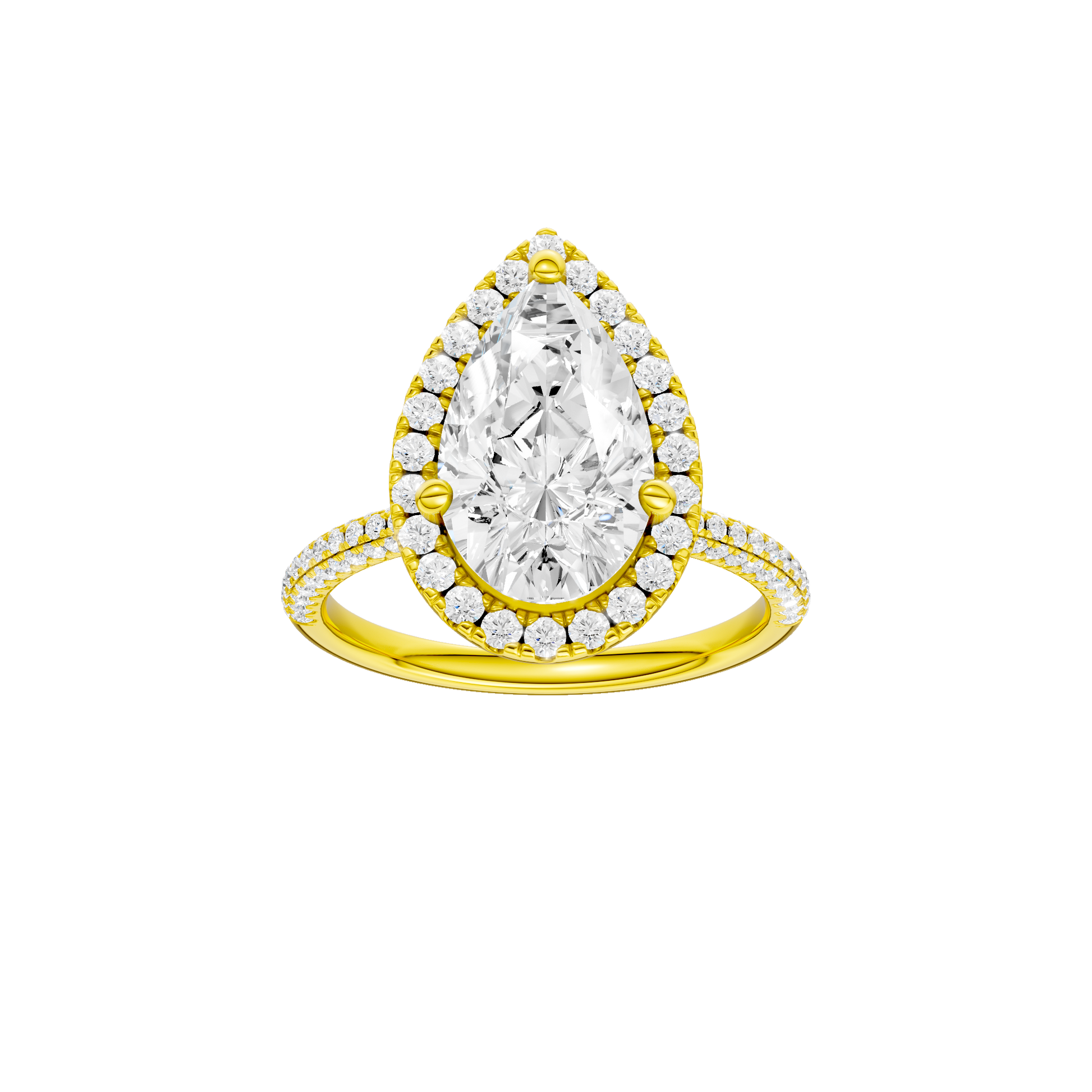 Pear-cut diamond engagement ring with a pavé-set diamond band and halo setting.