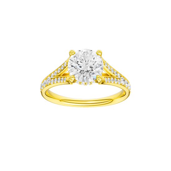 Round-cut diamond engagement ring with a channel-set diamond band and hidden-halo setting.