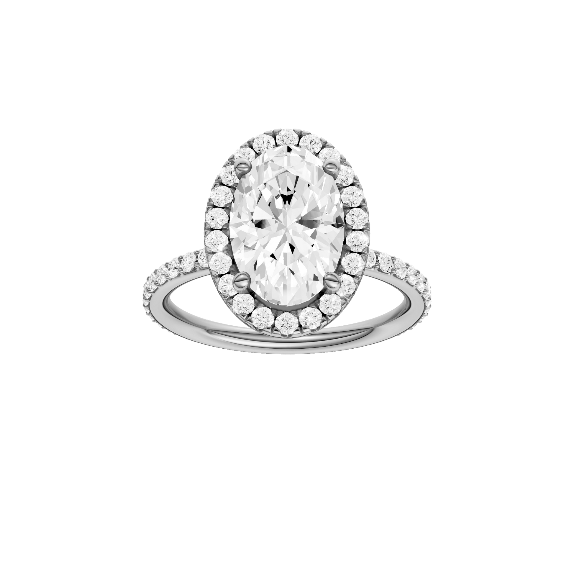 Oval-cut diamond engagement ring with a prong-set diamond band and halo setting.