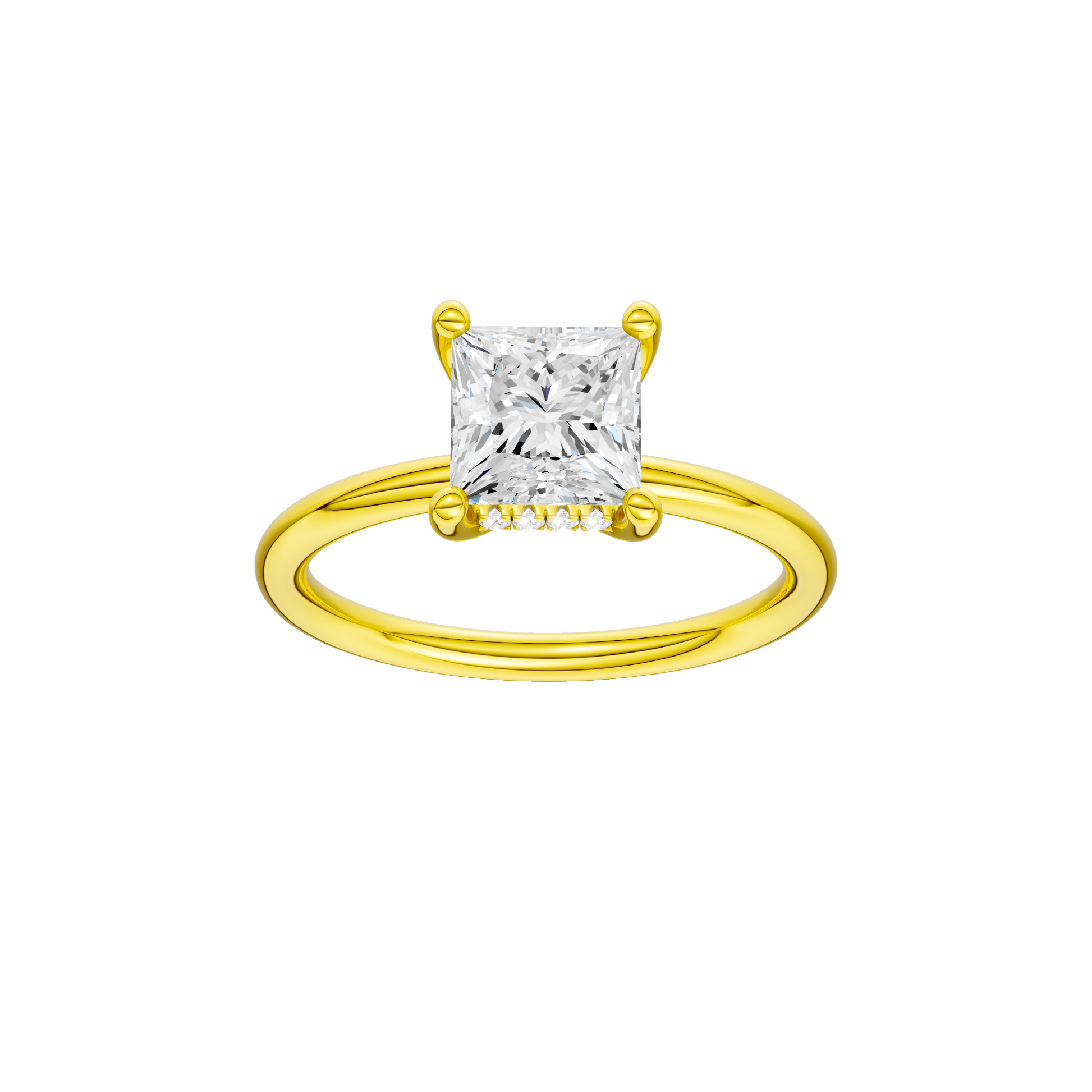 Princess-cut diamond engagement ring with a plain band and hidden-halo setting.