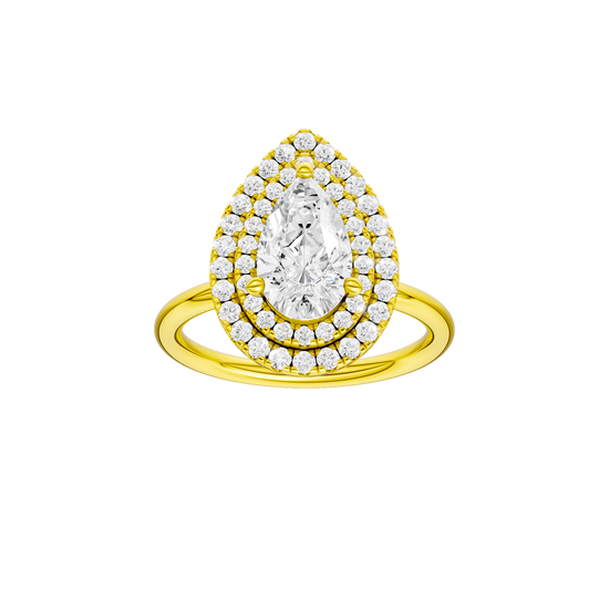 Pear-cut diamond engagement ring with a plain band and double-halo setting.