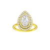 Pear-cut diamond engagement ring with a plain band and double-halo setting.
