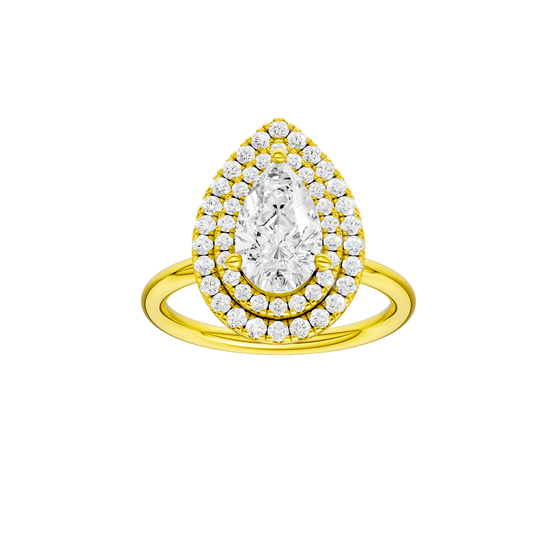 Pear-cut diamond engagement ring with a plain band and double-halo setting.