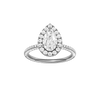 Pear-cut diamond engagement ring with a pavé-set diamond band and halo setting.
