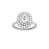 Elongated cushion-cut diamond engagement ring with a prong-set diamond band and double-halo setting.