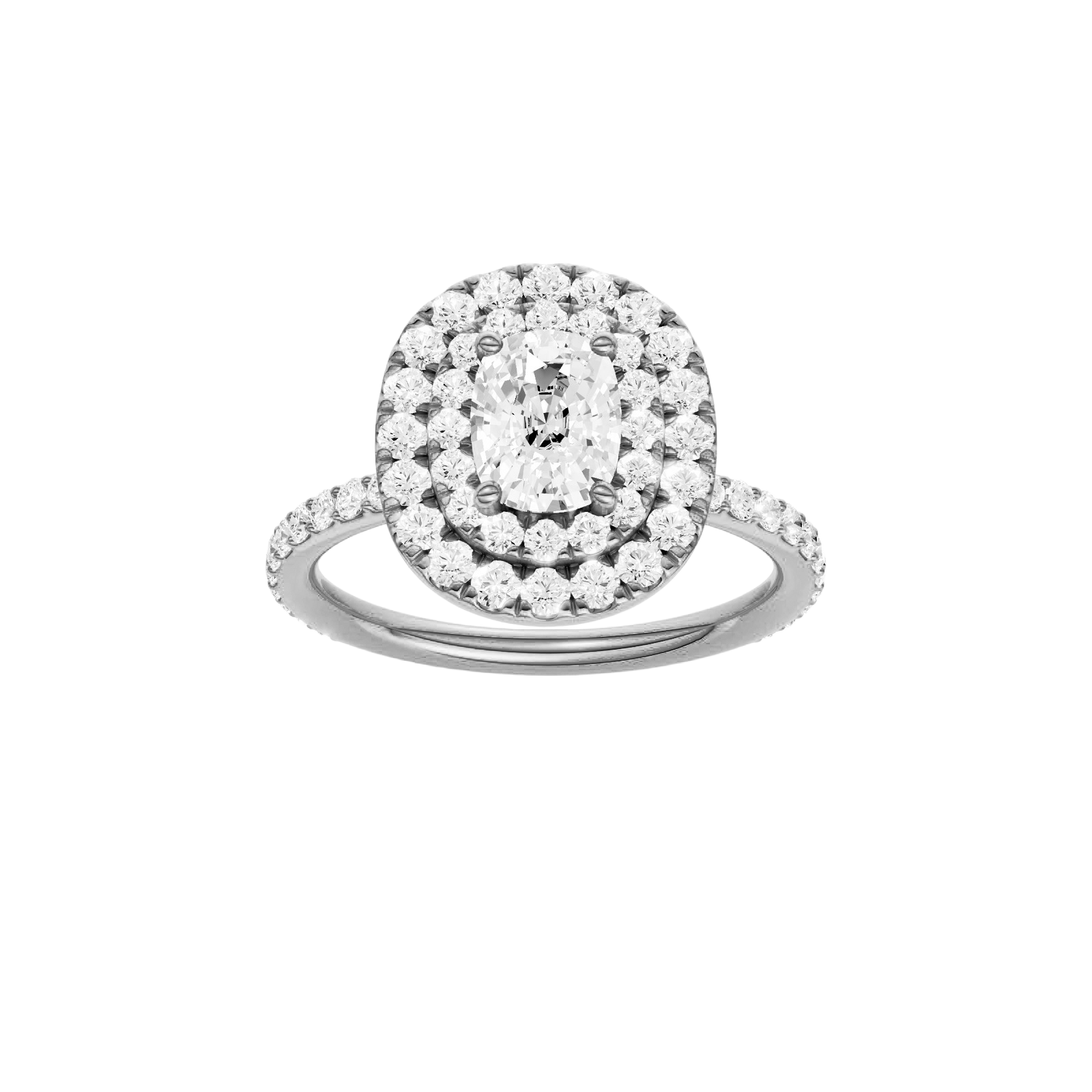 Elongated cushion-cut diamond engagement ring with a prong-set diamond band and double-halo setting.