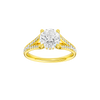 Round-cut diamond engagement ring with a channel-set diamond band and hidden-halo setting.