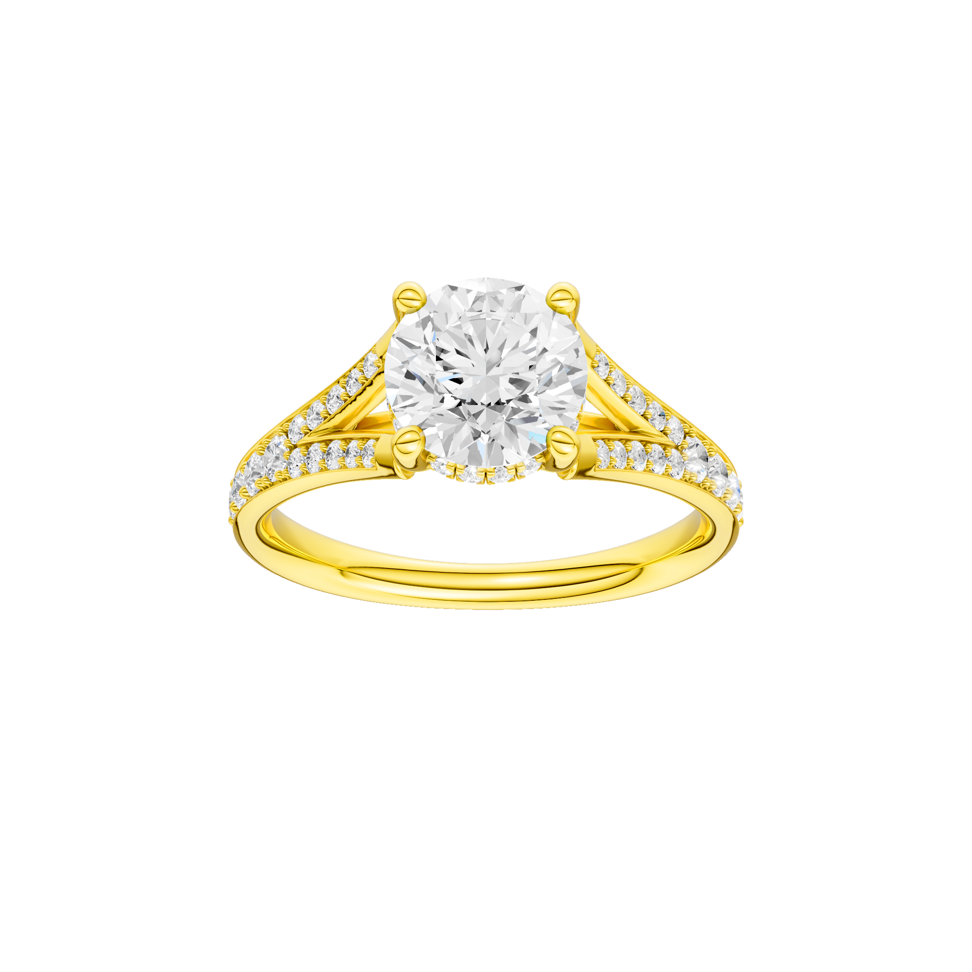 Round-cut diamond engagement ring with a channel-set diamond band and hidden-halo setting.