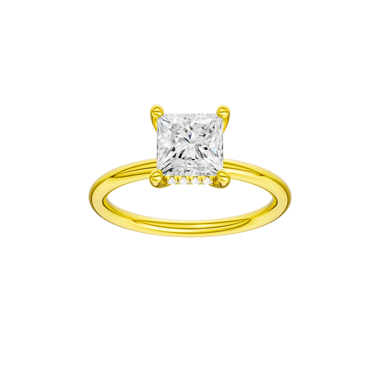 Princess-cut diamond engagement ring with a plain band and hidden-halo setting.