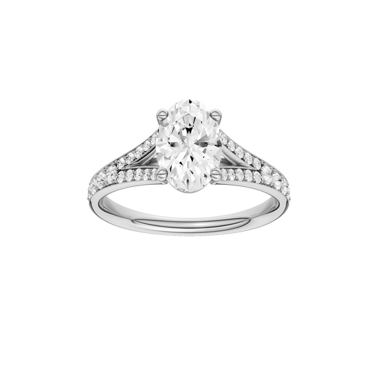 Oval-cut diamond engagement ring with a channel-set diamond band and solitaire setting.