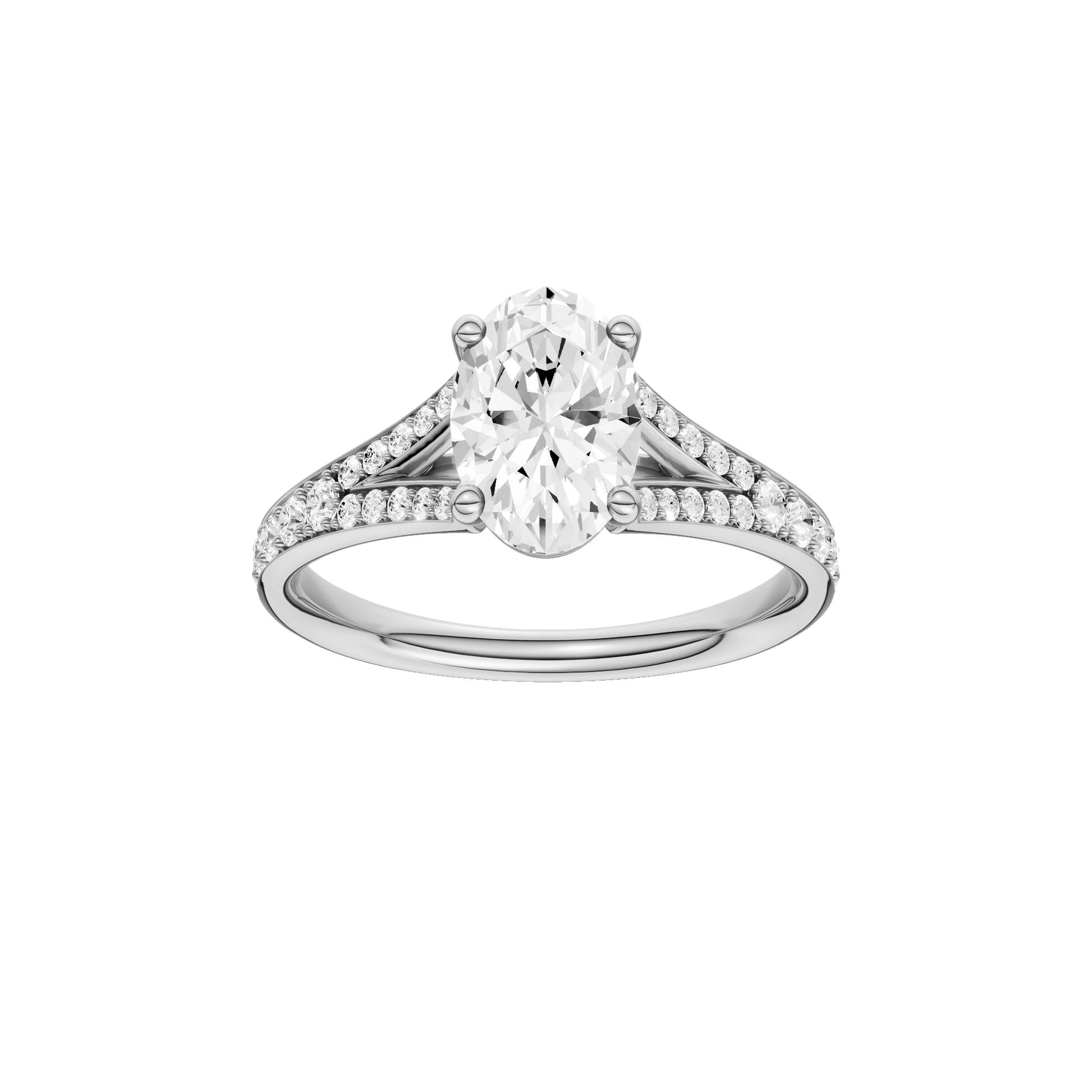 Oval-cut diamond engagement ring with a channel-set diamond band and solitaire setting.