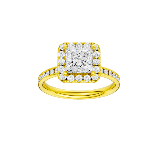 Princess-cut diamond engagement ring with a channel-set diamond band and halo setting.