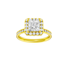 Princess-cut diamond engagement ring with a channel-set diamond band and halo setting.