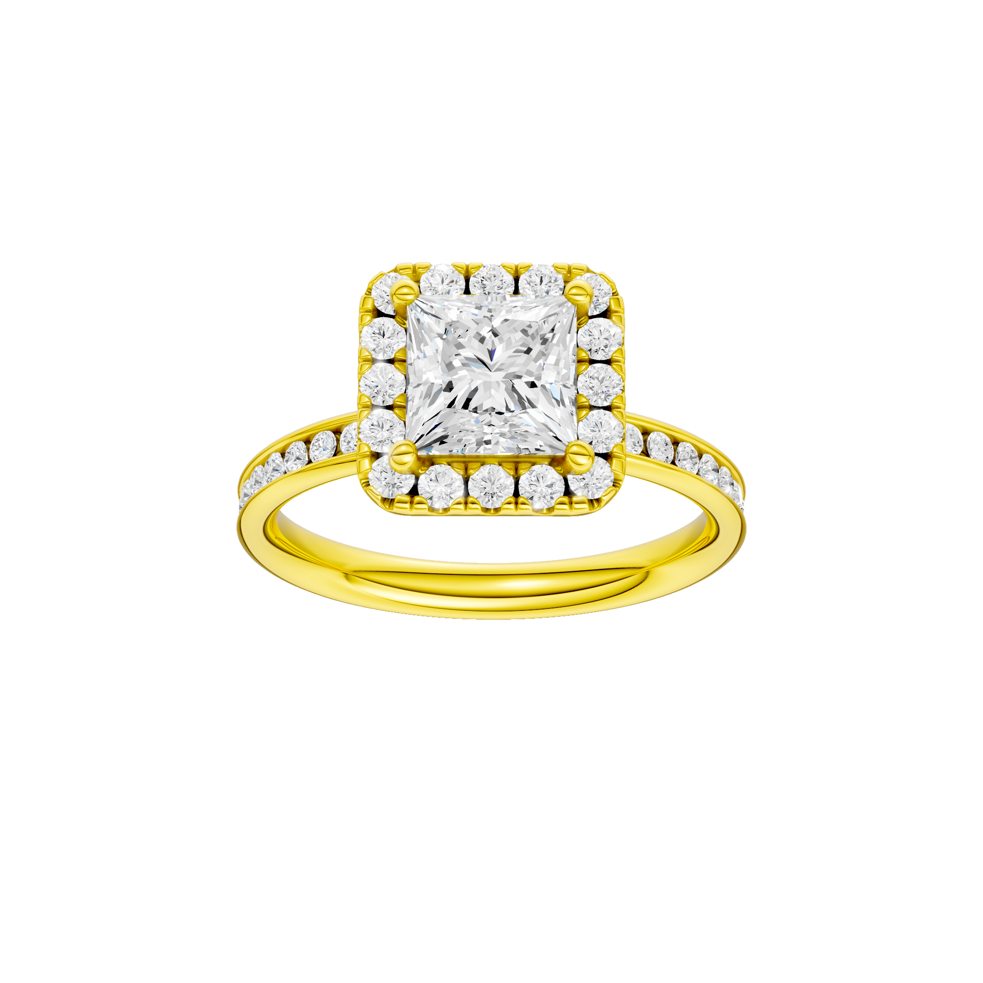 Princess-cut diamond engagement ring with a channel-set diamond band and halo setting.